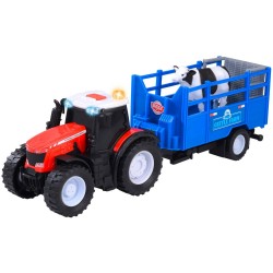 Tractor Dickie Toys Massey Ferguson Animal Trailer 26 cm cu lumini sunete remorca si figurina vaca