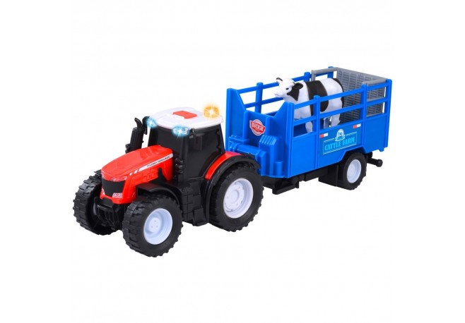 Tractor Dickie Toys Massey Ferguson Animal Trailer 26 cm cu lumini sunete remorca si figurina vaca