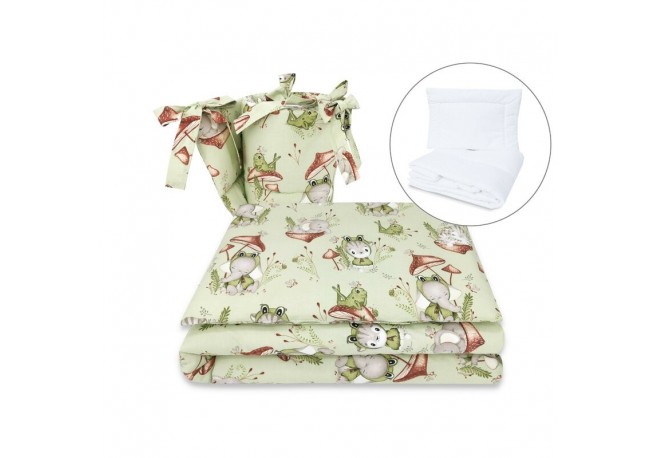 Qmini - Set lenjerie patut 5 piese Cu pilota si perna Din bumbac certificat Oeko Tex Standard 100 Pentru patut 120x60 cm Frogs