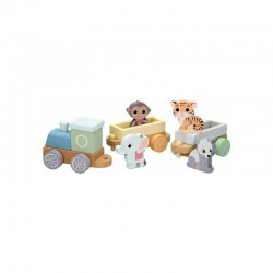 Joueco - Trenulet din lemn certificat FSC Cu locomotiva si doua vagoane Include 4 figurine in forma de maimuta tigru elefant si 