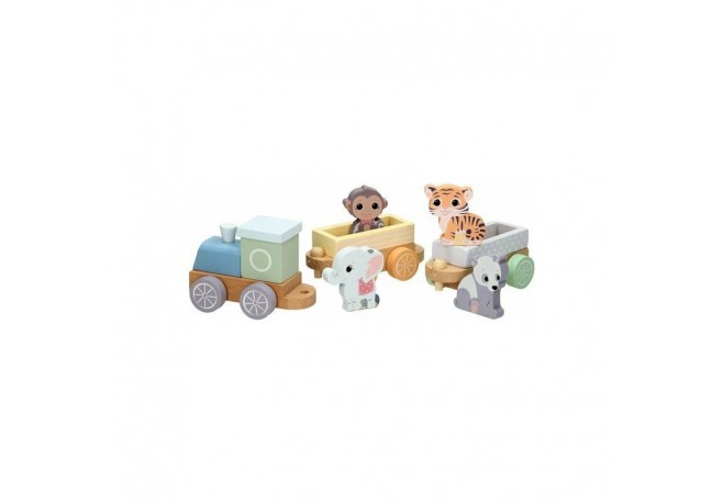 Joueco - Trenulet din lemn certificat FSC Cu locomotiva si doua vagoane Include 4 figurine in forma de maimuta tigru elefant si 