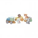 Joueco - Trenulet din lemn certificat FSC Cu locomotiva si doua vagoane Include 4 figurine in forma de maimuta tigru elefant si 