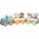 Joueco - Trenulet din lemn certificat FSC Cu locomotiva si doua vagoane Include 4 figurine in forma de maimuta tigru elefant si 