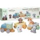 Joueco - Trenulet din lemn certificat FSC Cu locomotiva si doua vagoane Include 4 figurine in forma de maimuta tigru elefant si 