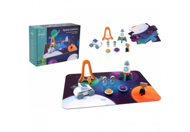 Joueco - Set de joaca din lemn certificat FSC Statie spatiala Include o plansa si 6 figurine in forma de elemente spatiale 12 lu