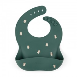 Petite&Mars - Baveta moale Take&Match Reglabil Cu buzunar colector Silicon Fara BPA 6 luni+ Model dinozauri Verde