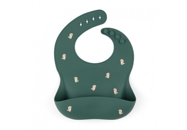 Petite&Mars - Baveta moale Take&Match Reglabil Cu buzunar colector Silicon Fara BPA 6 luni+ Model dinozauri Verde