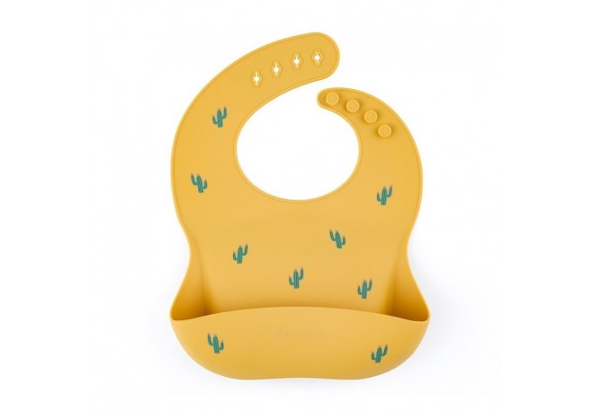Petite&Mars - Baveta moale Take&Match Reglabil Cu buzunar colector Silicon Fara BPA 6 luni+ Model cactus Galben