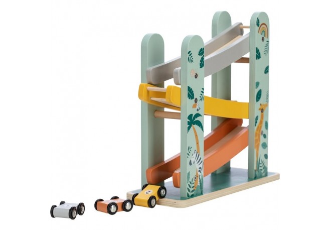 Pista de masini Din lemn Cu 3 masinute incluse 26.9 x 23.6 x 7 cm Free2Play Safari