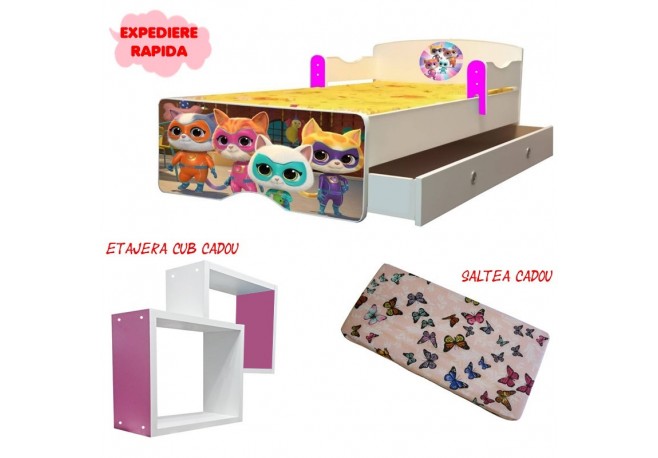 Pat copii Superkitties,sertar si etajera