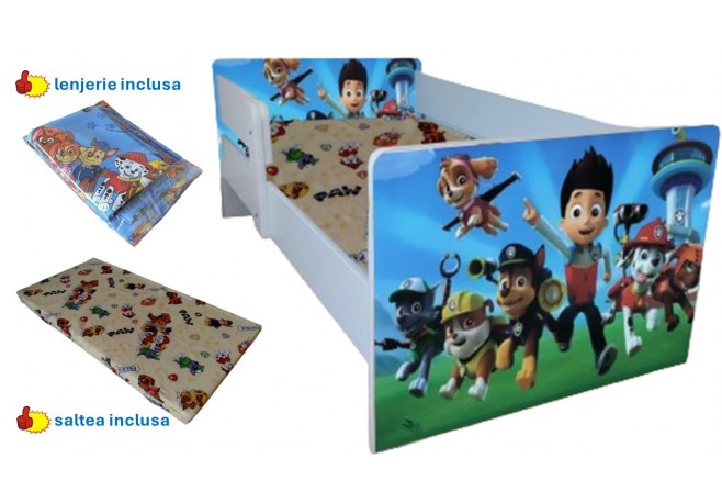 Mareste Pat copii Paw patrol ,saltea cadou,lenjerie inclusa