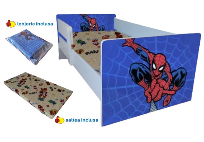 Pat copii Spiderman ,saltea cadou,lenjerie inclusa