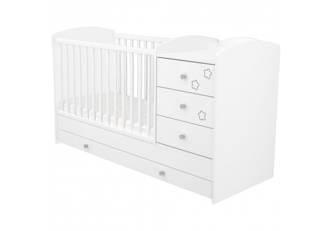 Patut copii transformabil din lemn cu 4 sertare Hubners Matei Kombi 120x60 cm alb cu stelute
