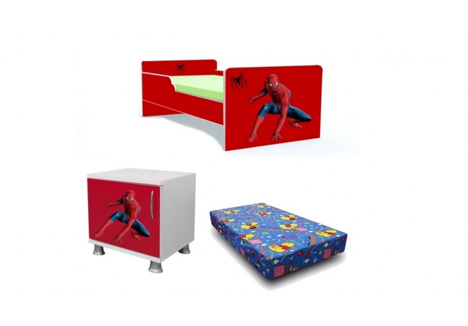 Pat copii Spiderman rosu-saltea+noptiera cadou