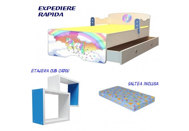 Pat copii Unicorn,sertar si etajera cadou
