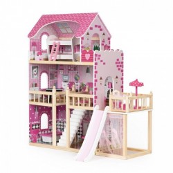 Casuta de papusi inalta din lemn cu mobilier si tobogan Ecotoys HM014075