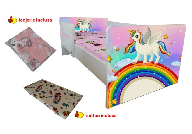 Pat copii Unicorn ,saltea cadou,lenjerie inclusa