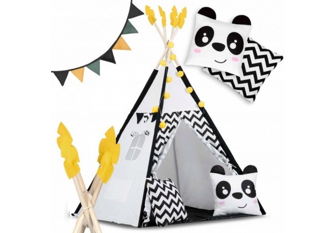 Cort de joaca pentru copii cu ghirlanda lumini si 2 pernite Nukido 120 x 120 x 160 cm - Panda