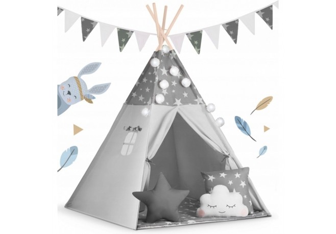 Cort de joaca pentru copii cu ghirlanda si lumini Nukido 120 x 120 x 165 cm - Gri cu stelute
