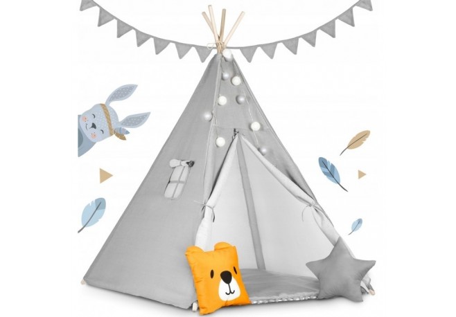 Cort De Joaca Pentru Copii Cu ghirlanda Lumini covoras si 2 pernite Ricokids 120 X 120 X 165 Cm - Gri