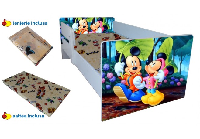 Pat copii Mickey&Minnie ,saltea cadou,lenjerie inclusa