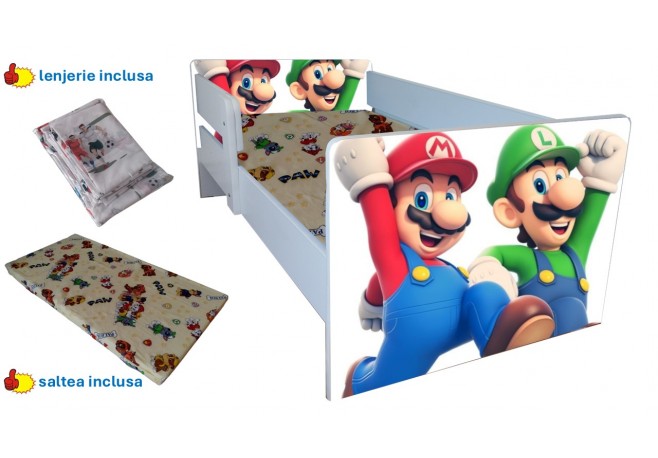 Pat copii Mario si Luigi poing ,saltea cadou,lenjerie inclusa
