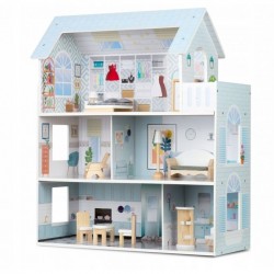 Casuta de papusi din lemn cu 3 etaje mobilier inclus 60 x 24 x 70 cm Ricokids RK-878 - Albastru deschis