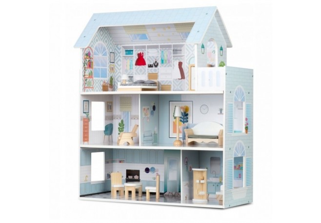 Casuta de papusi din lemn cu 3 etaje mobilier inclus 60 x 24 x 70 cm Ricokids RK-878 - Albastru deschis
