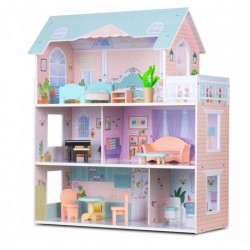 Casuta de papusi din lemn cu 3 etaje mobilier inclus 60 x 24 x 70 cm Ricokids RK-878 - Roz