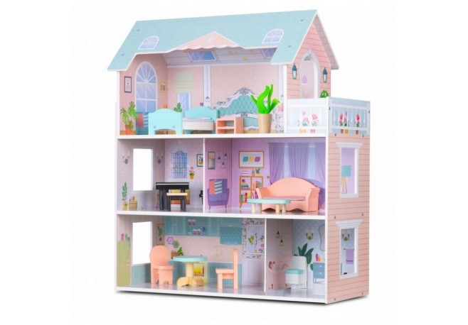 Casuta de papusi din lemn cu 3 etaje mobilier inclus 60 x 24 x 70 cm Ricokids RK-878 - Roz