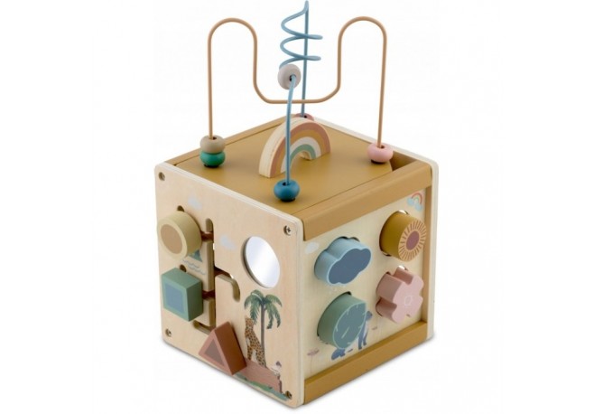 Cub educational din lemn cu diverse activitati 15.5 x 17 cm Nukido NK-861