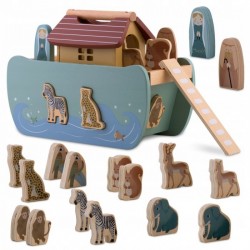 Jucarie educativa Arca lui Noe din lemn cu animalute 17.5 x 13.5 x 20 cm Nukido NK-862