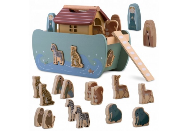 Jucarie educativa Arca lui Noe din lemn cu animalute 17.5 x 13.5 x 20 cm Nukido NK-862