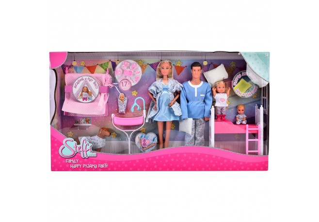 Set Simba Steffi Love Family Happy Pijamas Party 29 cm cu 4 papusi 1 caine si accesorii