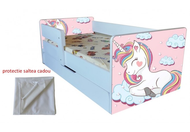 Pat copii  junior 2-9 ani Unicorn ,saltea si husa de protectie cadou