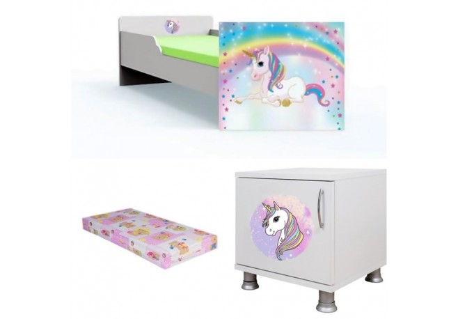 Pat fetite cu saltea si noptiera Unicorn