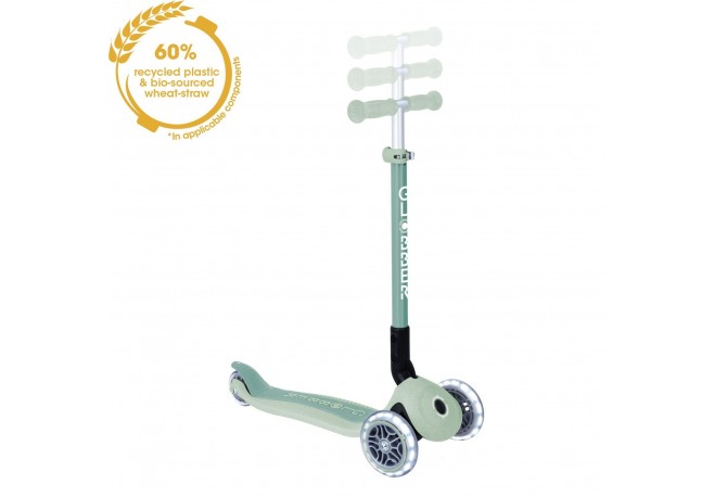 Trotineta Globber PRIMO ECOLOGICA pliabila cu roti LED ghidon ajustabil pe 3 nivele rulmenti ABEC 9 culoare fistic