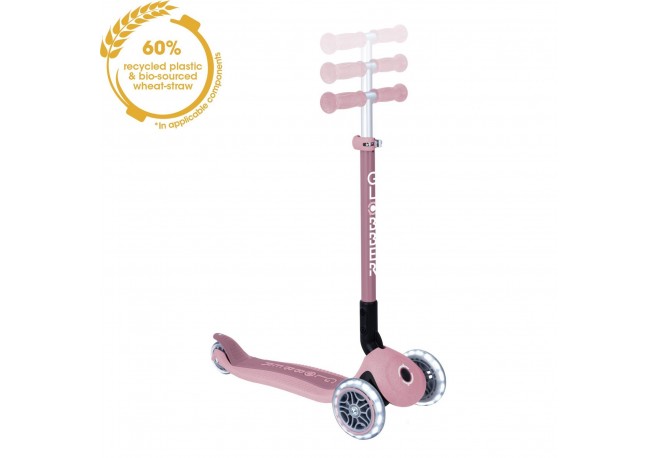 Trotineta Globber PRIMO ECOLOGICA pliabila cu roti LED ghidon ajustabil pe 3 nivele rulmenti ABEC 9 culoare roz pal