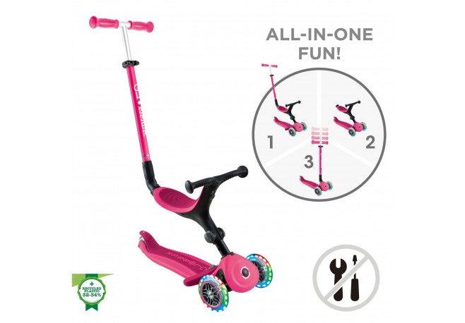 Trotineta Globber GO UP ACTIVE 3 in 1 cu maner de impins scaun si ghidon ajustabile roti cu lumini LED culoare roz