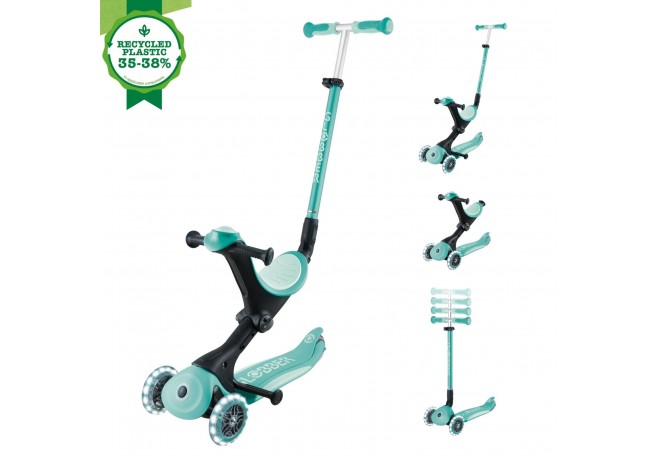 Trotineta Globber GO UP DELUXE ECOLOGIC 3 in 1 ghidon si scaun ajustabile pe inaltime roti cu lumini culoare verde