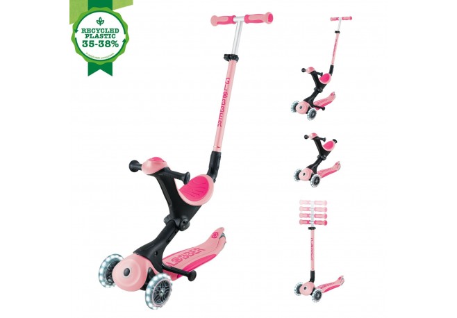 Trotineta Globber GO UP DELUXE ECOLOGIC 3 in 1 ghidon si scaun ajustabile pe inaltime roti cu lumini culoare roz pal