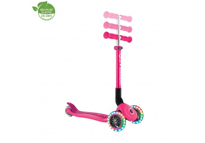 Trotineta Globber JUNIOR PLIABILA CU LUMINI ghidon ajustabil 3 nivele greutate maxima 50 kg rulmenti ABEC 5 culoare roz