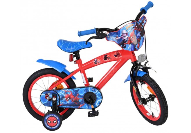 Bicicleta E&L Spiderman 14 inch frana de mana pe roata fata scaun si ghidon reglabil spite metalice roti gonflabile stopuri refl