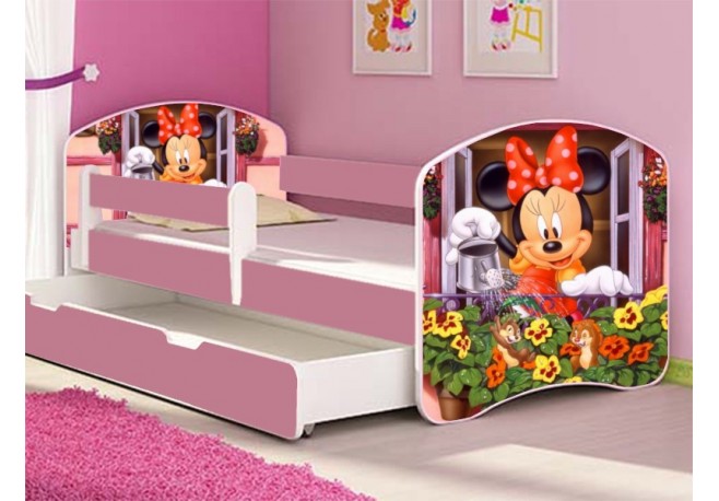 Pat tineret Minnie roz cu sertar si saltea cadou