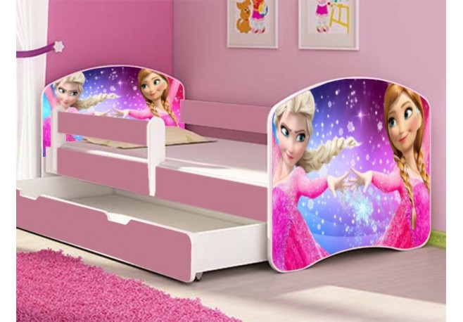 Pat tineret Anna si Elsa roz cu sertar si saltea cadou