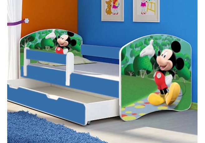 Pat tineret Mickey albastru cu sertar si saltea cadou