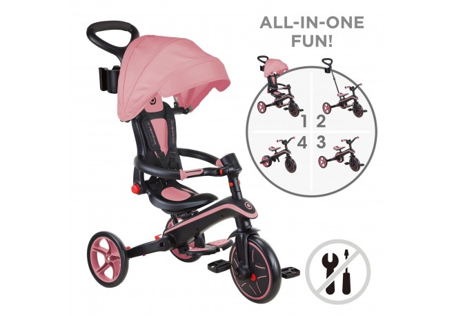 Tricicleta Globber EXPLORER PLIABLA 4 in 1 functie free wheel scaun ajustabil roti EVA centura siguranta in 5 puncte culoare roz