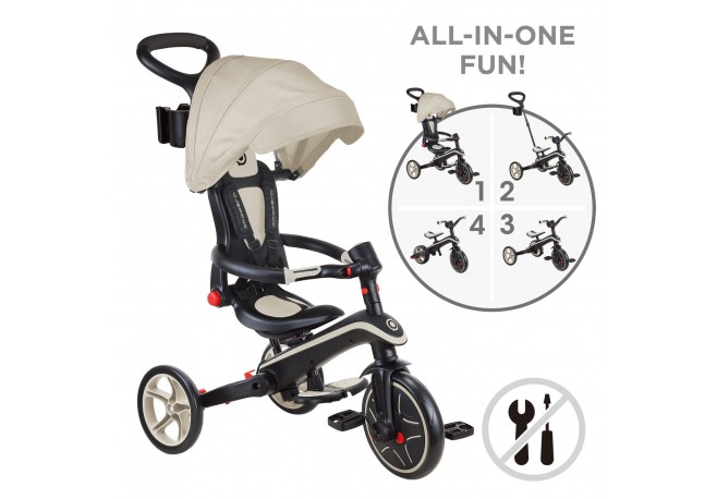 Tricicleta Globber EXPLORER PLIABLA 4 in 1 functie free wheel scaun ajustabil roti EVA centura siguranta in 5 puncte culoare bej