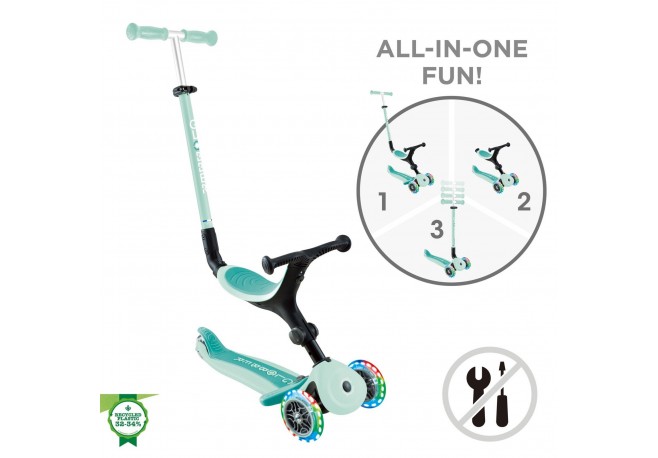 Trotineta Globber GO UP ACTIVE 3 in 1 cu maner de impins scaun si ghidon ajustabile roti cu lumini LED culoare verde