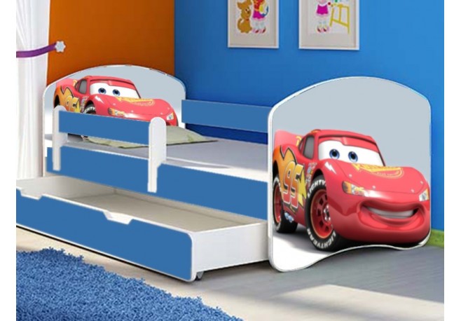 Pat tineret Cars albastru cu sertar si saltea cadou